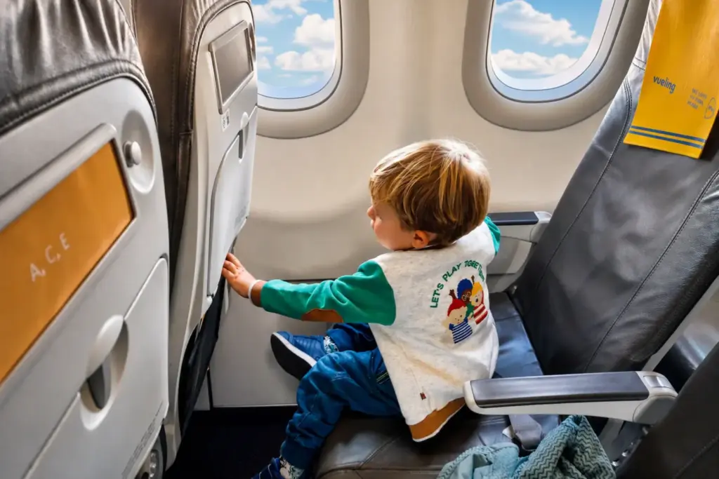 Bambino che viaggia in aereo e gioca durante il volo